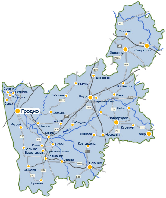 Карта гродненской области подробная с деревнями и дорогами